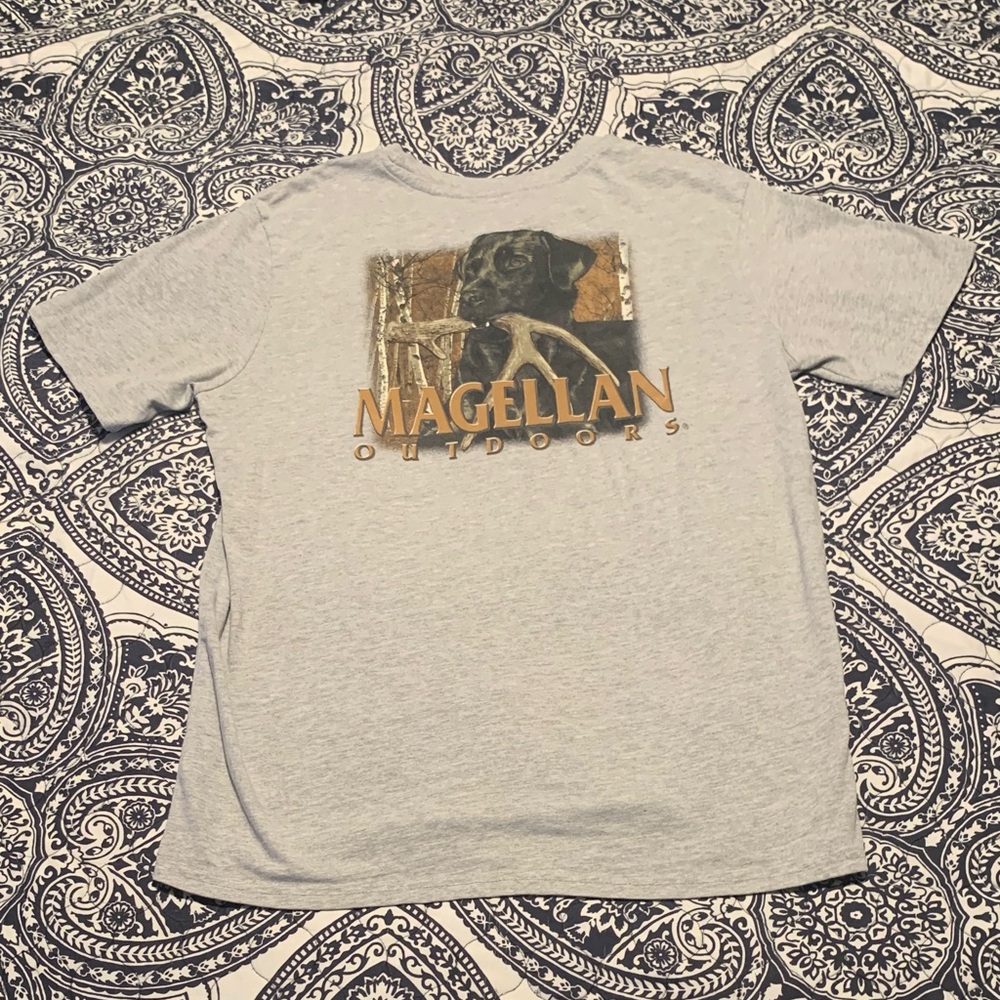 Magellan Outdoors Gray Tee with Dog Graphic and Antlers